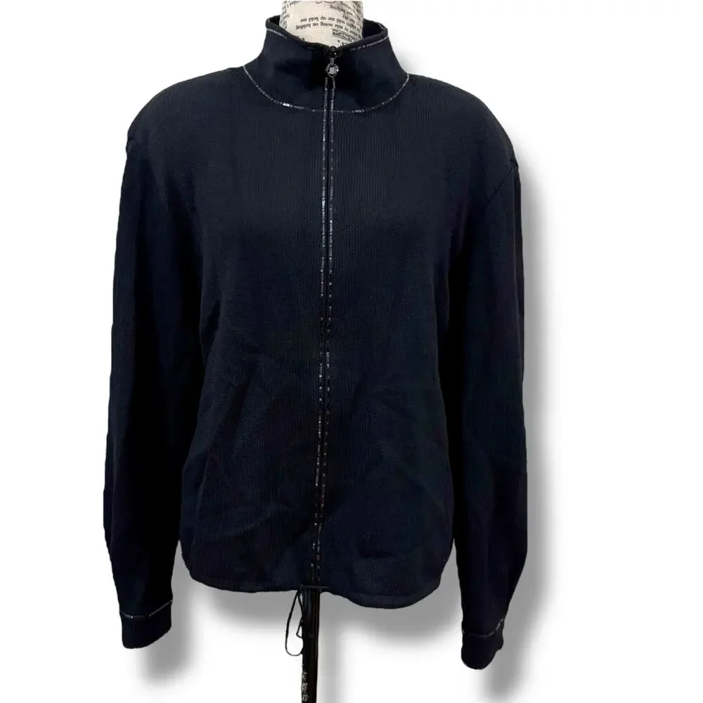 Vintage St John Sport Size L XL Black Knit Crystal Embellished Bomber Jacket